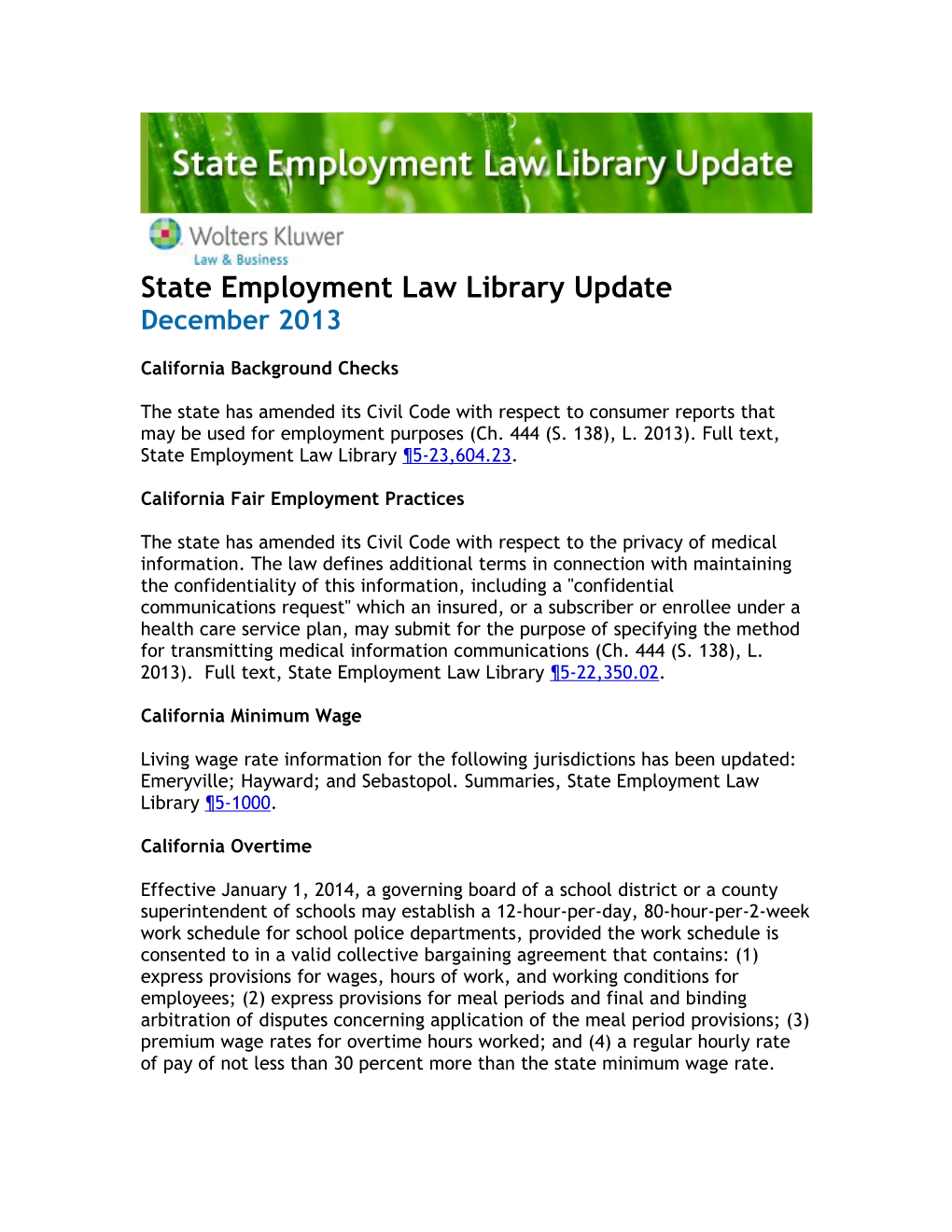 State Employment Law Library Update