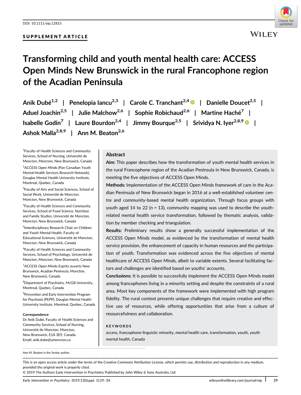 Transforming Child and Youth Mental Health Care: ACCESS Open Minds New Brunswick in the Rural Francophone Region of the Acadian Peninsula