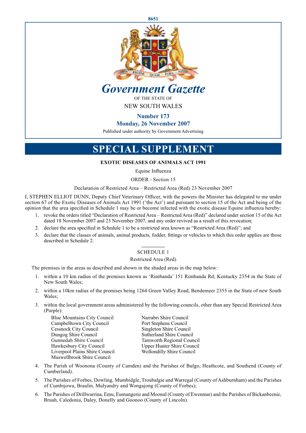 Government Gazette of the STATE of NEW SOUTH WALES Number 173 Monday, 26 November 2007 Published Under Authority by Government Advertising