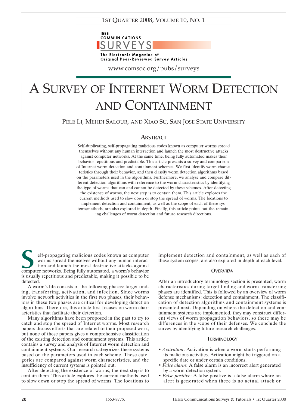 A Survey of Internet Worm Detection and Containment