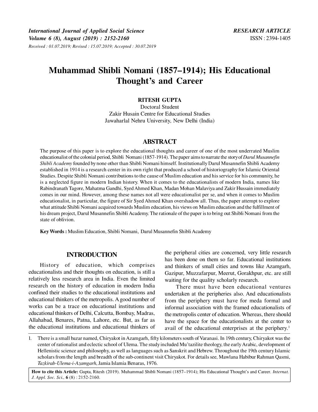 Muhammad Shibli Nomani (1857–1914); His Educational Thought’S and Career