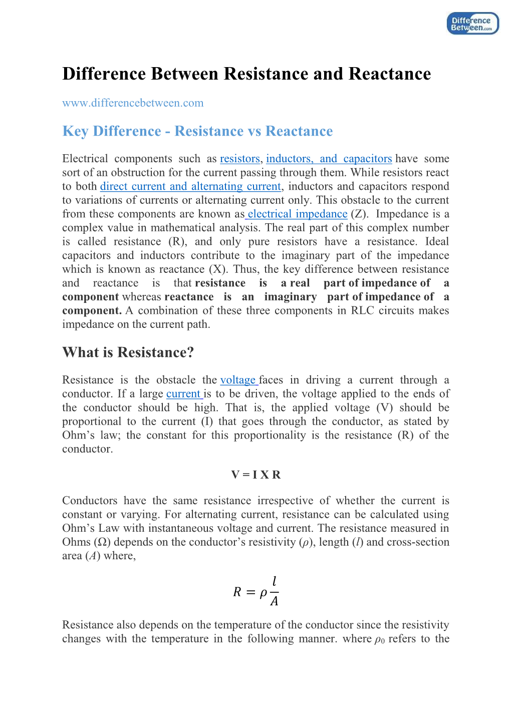 Difference Between Resistance and Reactance Key Difference - Resistance Vs Reactance