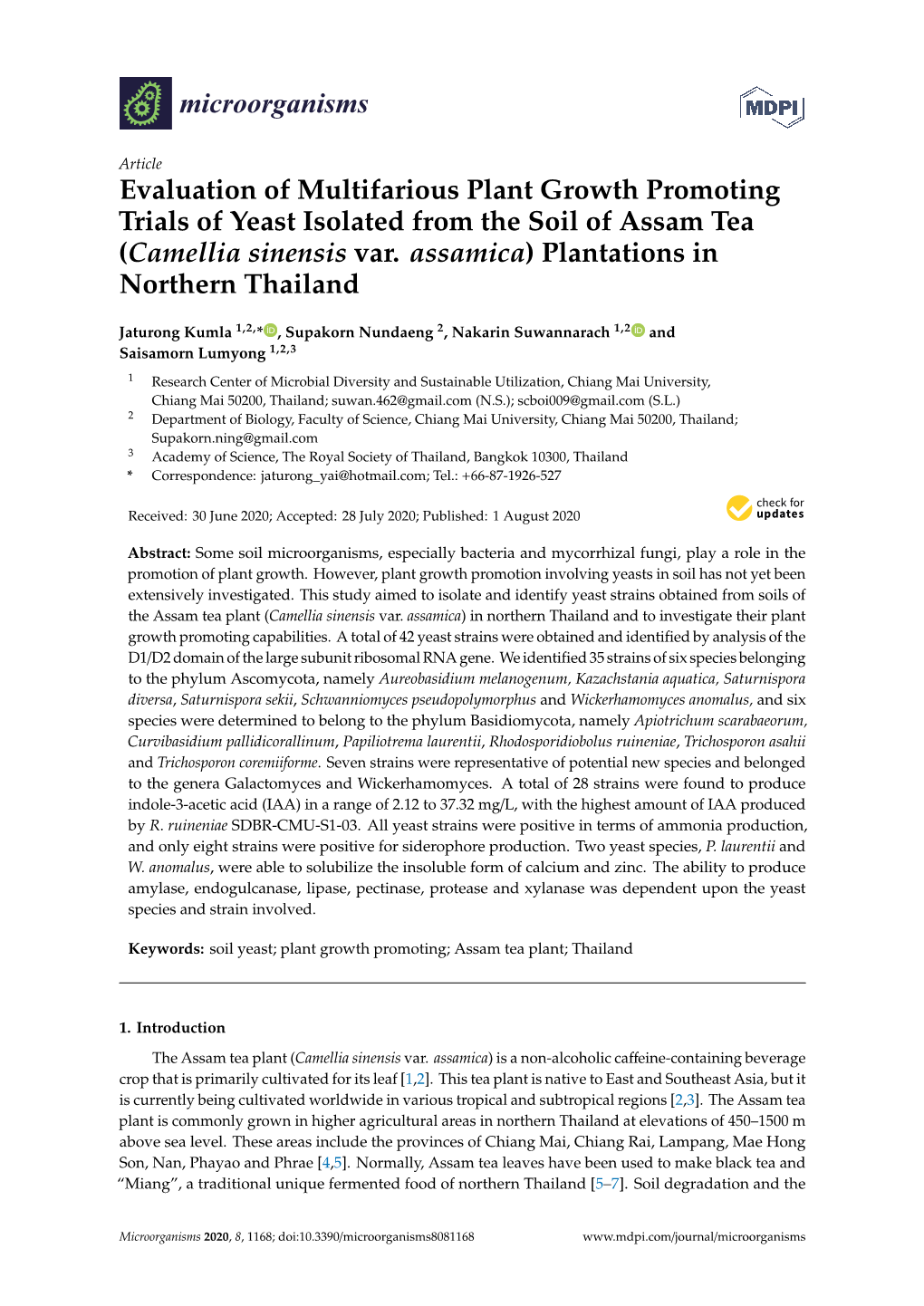 Evaluation of Multifarious Plant Growth Promoting Trials of Yeast Isolated from the Soil of Assam Tea (Camellia Sinensis Var