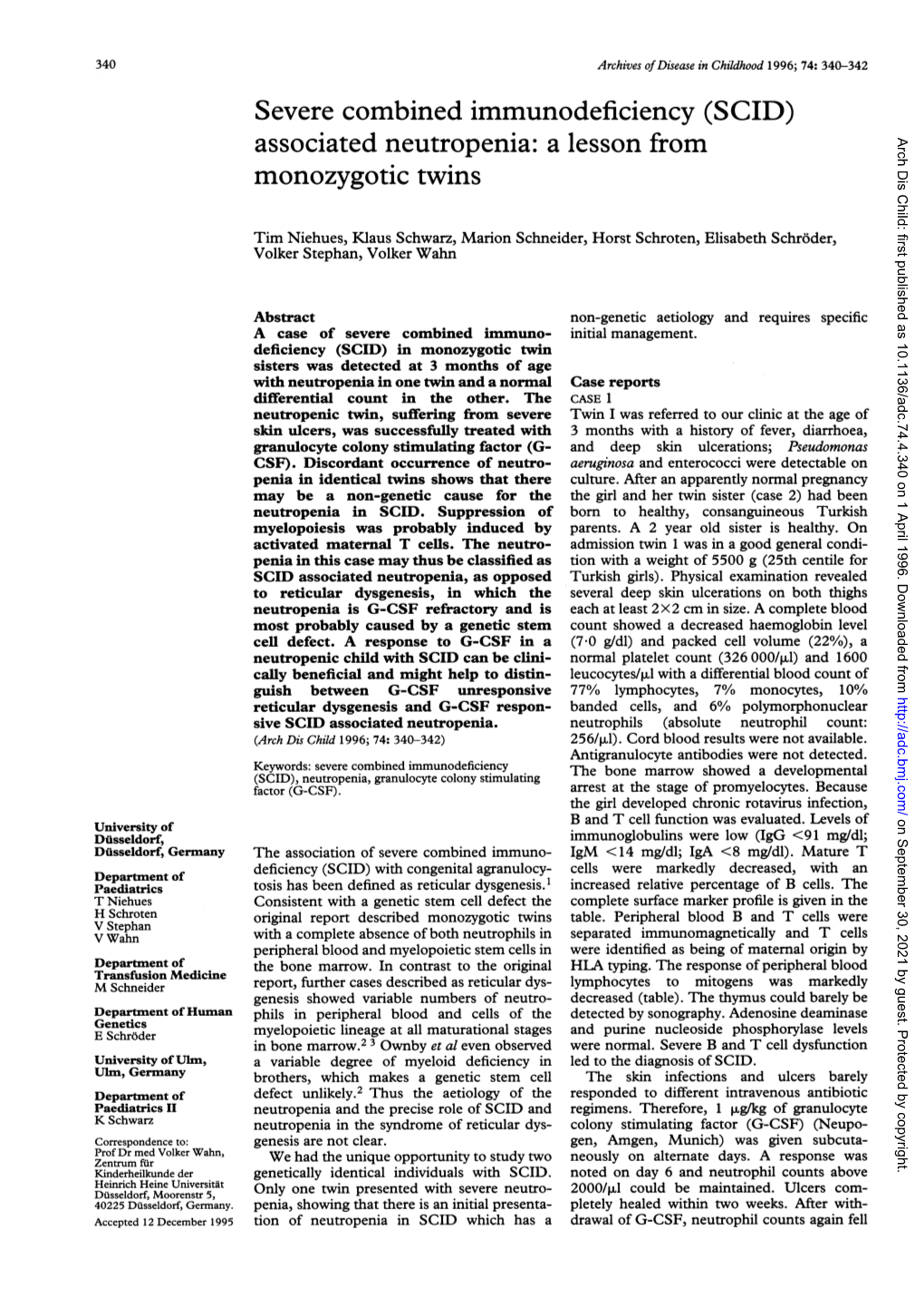 Severe Combined Immunodeficiency (SCID) Associated Neutropenia: a Lesson from Arch Dis Child: First Published As 10.1136/Adc.74.4.340 on 1 April 1996