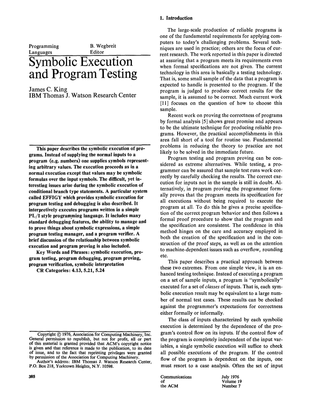 Symbolic Execution and Program Testing