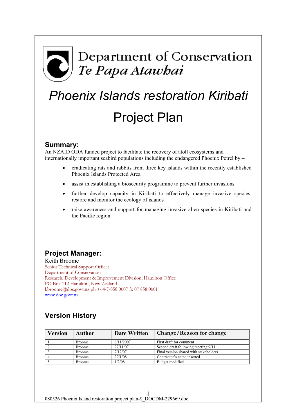 Phoenix Islands Restoration Kiribati Project Plan