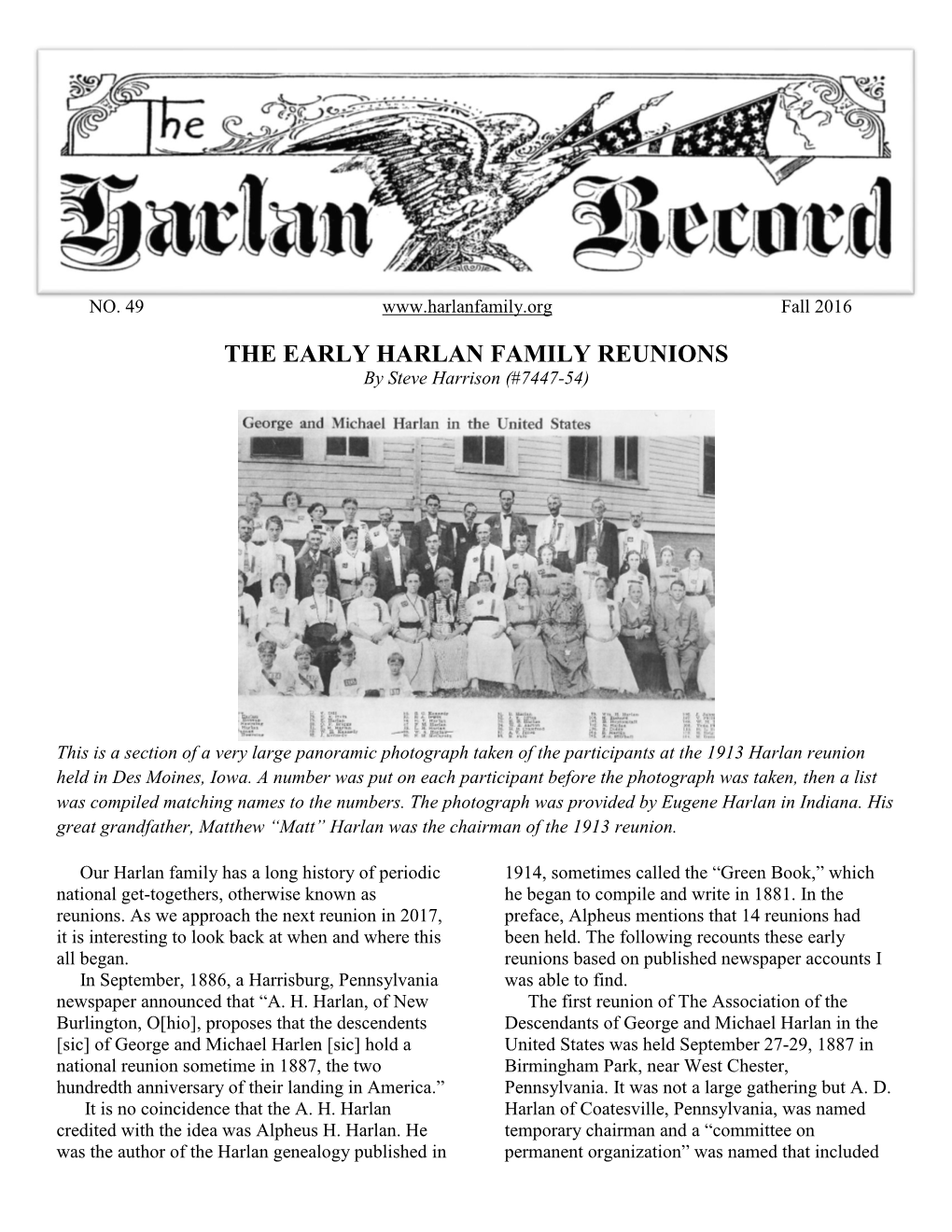 THE EARLY HARLAN FAMILY REUNIONS by Steve Harrison (#7447-54)