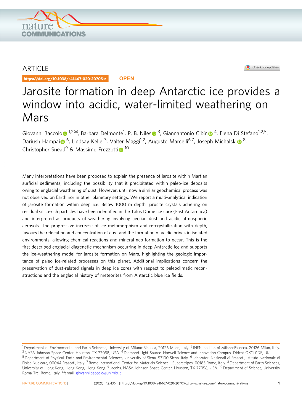 Jarosite Formation in Deep Antarctic Ice Provides a Window Into Acidic, Water-Limited Weathering on Mars ✉ Giovanni Baccolo 1,2 , Barbara Delmonte1, P