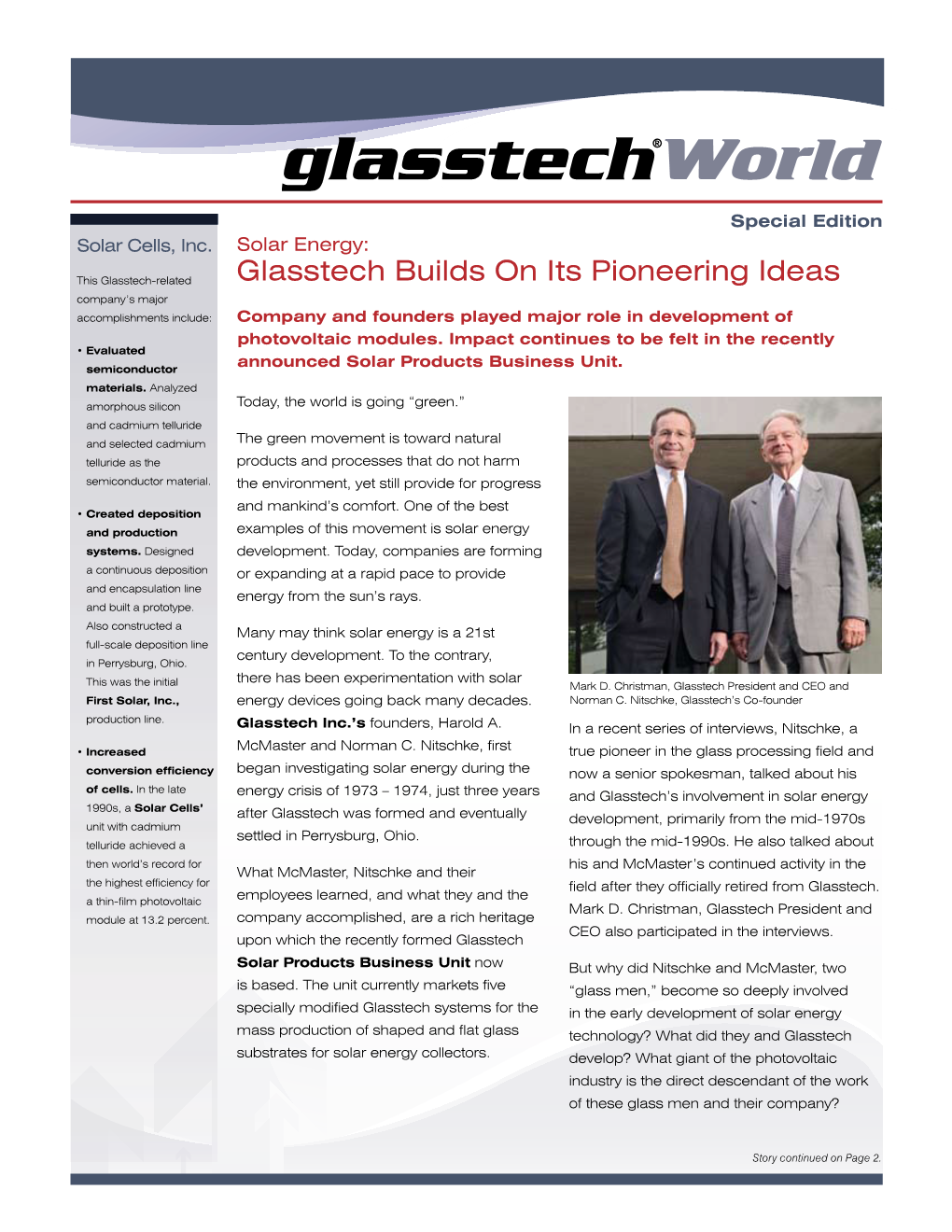 Glasstech Builds on Its Pioneering Ideas Company’S Major Accomplishments Include: Company and Founders Played Major Role in Development of Photovoltaic Modules