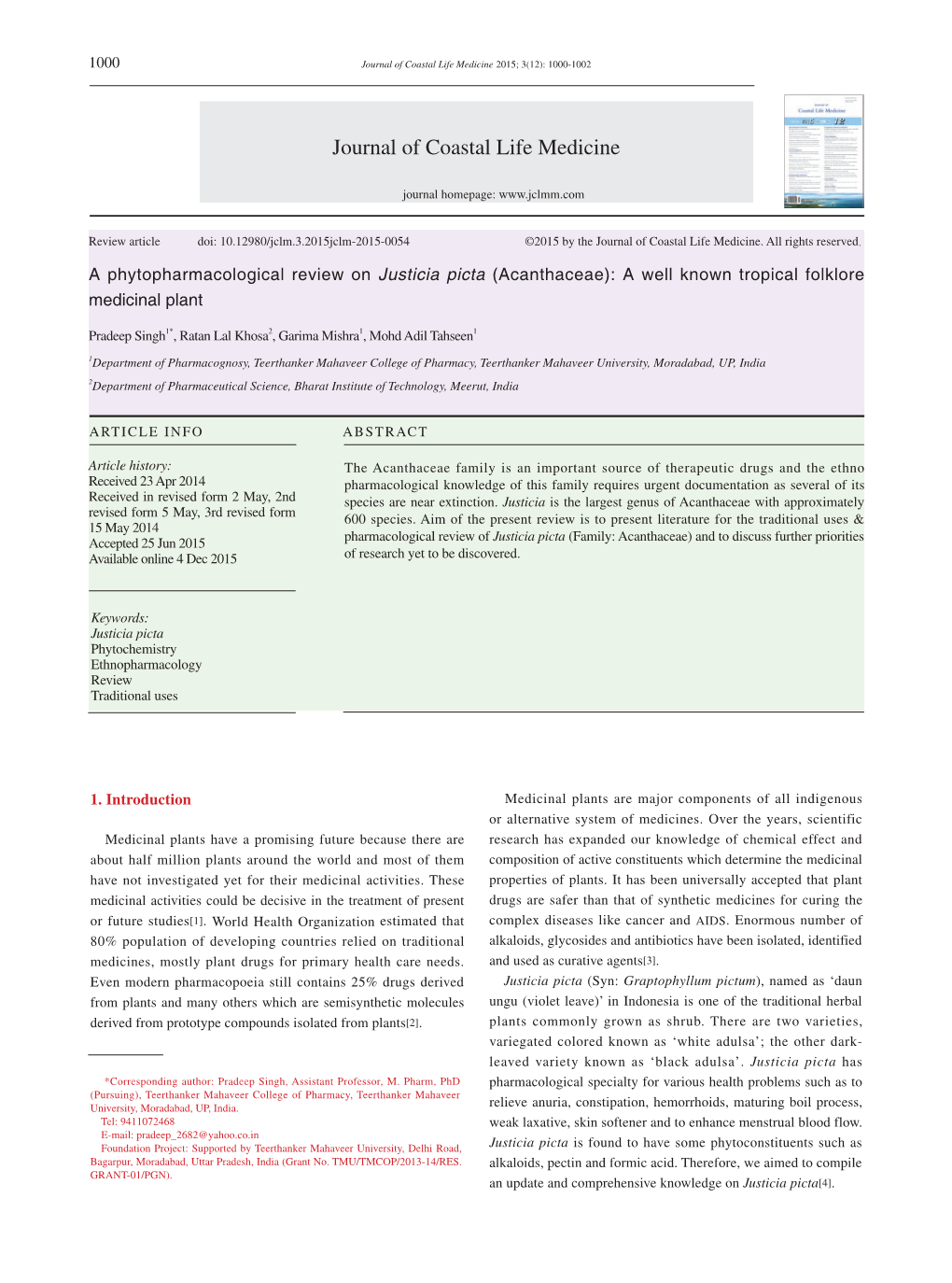 A Phytopharmacological Review on Justicia Picta (Acanthaceae): a Well Known Tropical Folklore Medicinal Plant