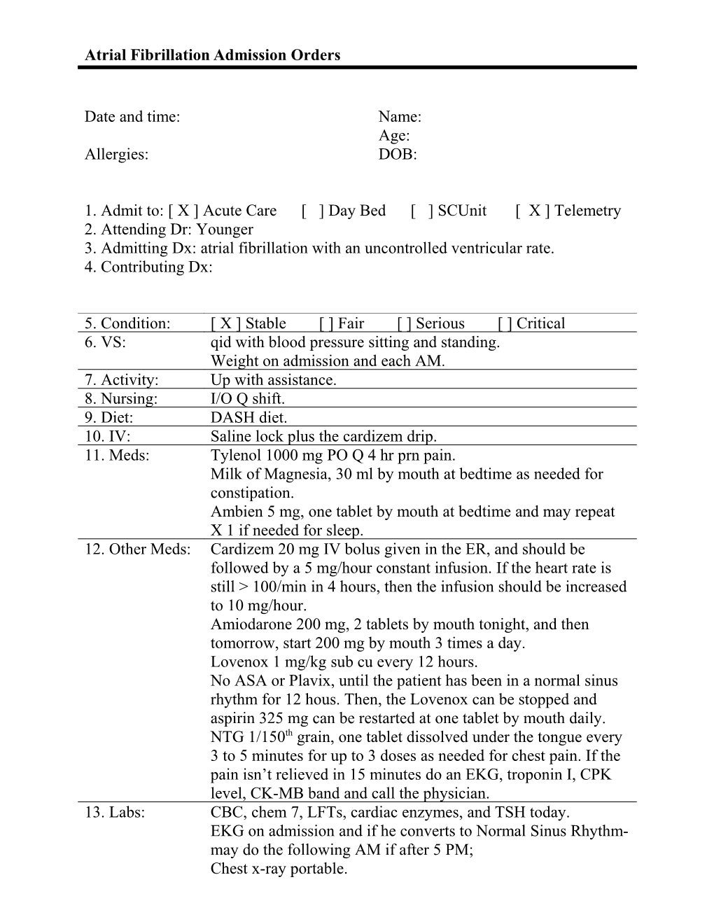 Atrial Fibrillation Admission Orders