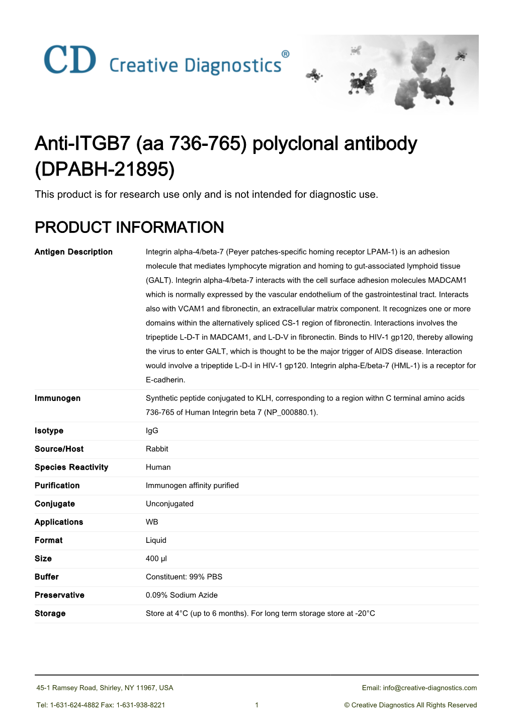 Anti-ITGB7 (Aa 736-765) Polyclonal Antibody (DPABH-21895) This Product Is for Research Use Only and Is Not Intended for Diagnostic Use