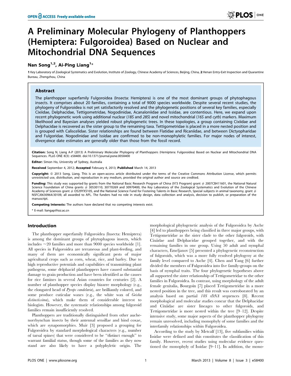 A Preliminary Molecular Phylogeny of Planthoppers (Hemiptera: Fulgoroidea) Based on Nuclear and Mitochondrial DNA Sequences