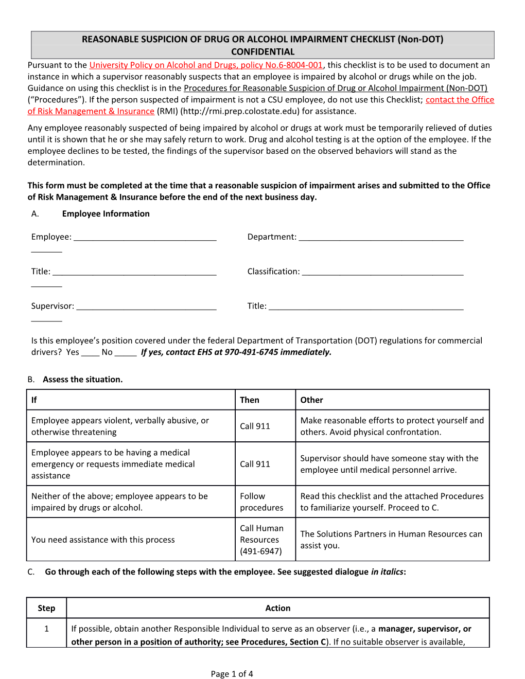 REASONABLE SUSPICION of DRUG OR ALCOHOL IMPAIRMENT CHECKLIST (Non-DOT)