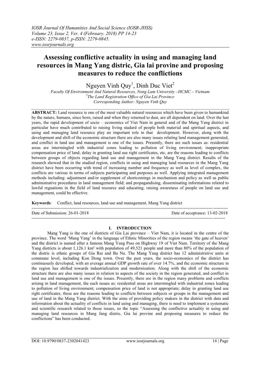 Assessing Conflictive Actuality in Using and Managing Land Resources in Mang Yang Distric, Gia Lai Provine and Proposing Measures to Reduce the Conflictions