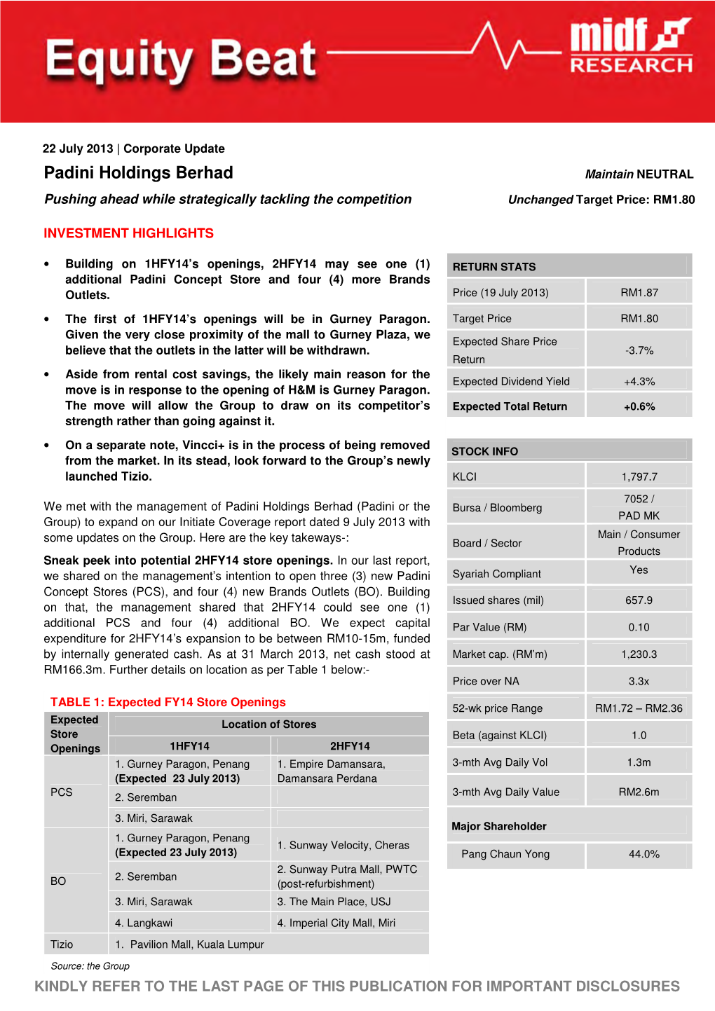 Padini Holdings Berhad Maintain NEUTRAL