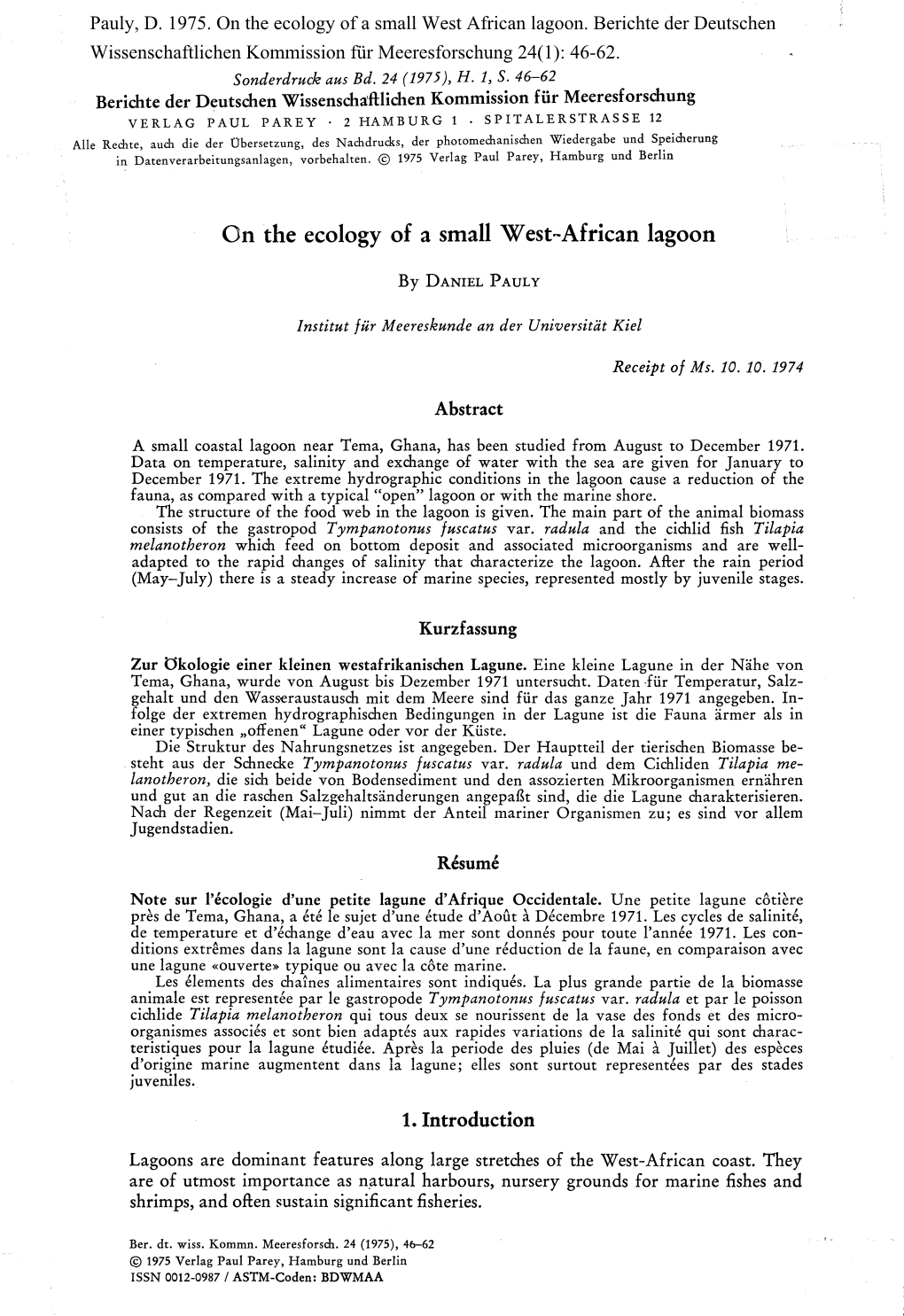 On the Ecology of a Small West..African Lagoon