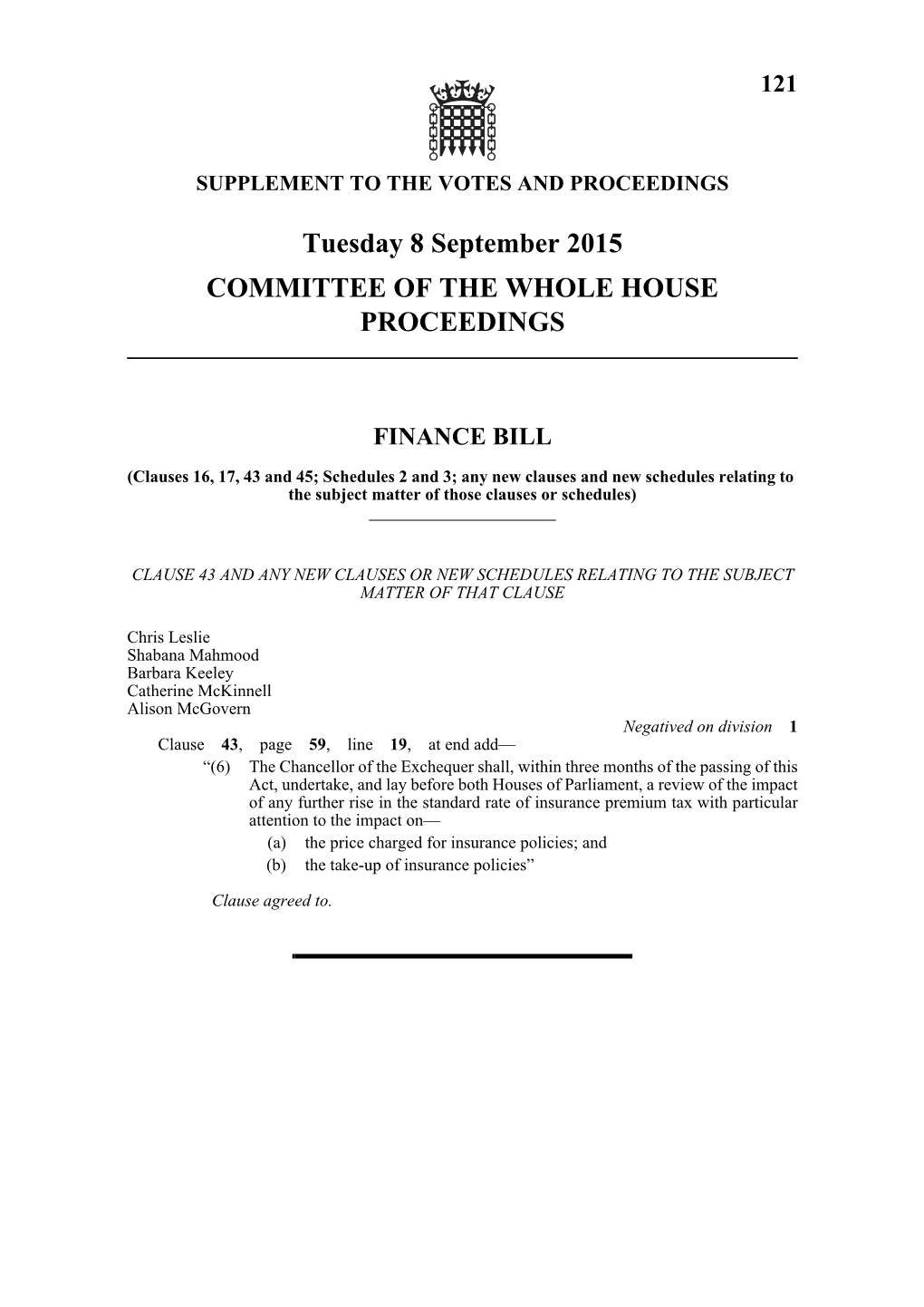 Tuesday 8 September 2015 COMMITTEE of the WHOLE HOUSE PROCEEDINGS