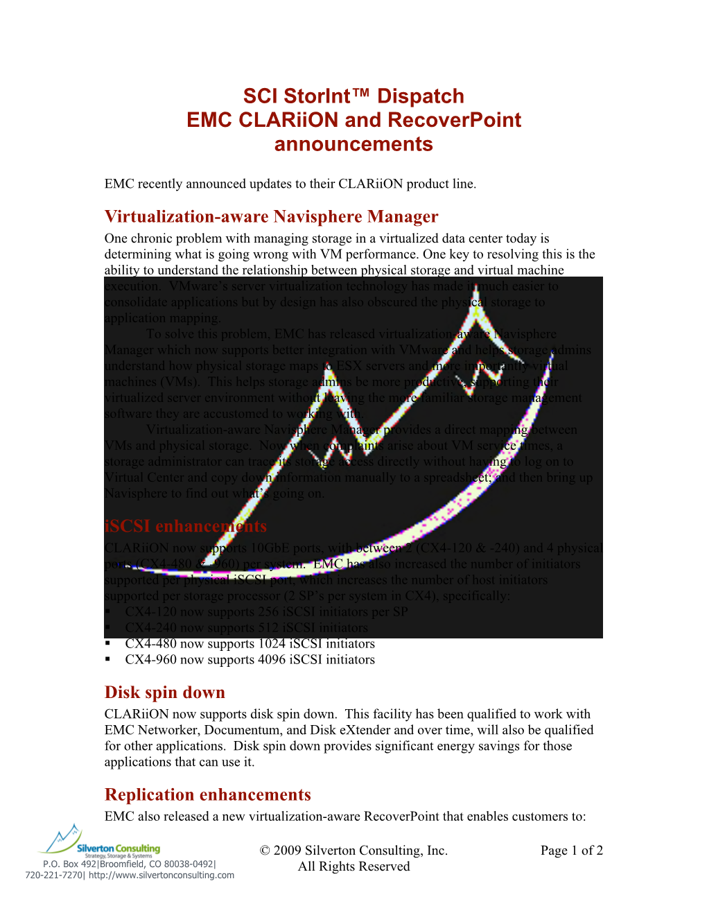 SCI Storint™ Dispatch EMC Clariion and Recoverpoint Announcements