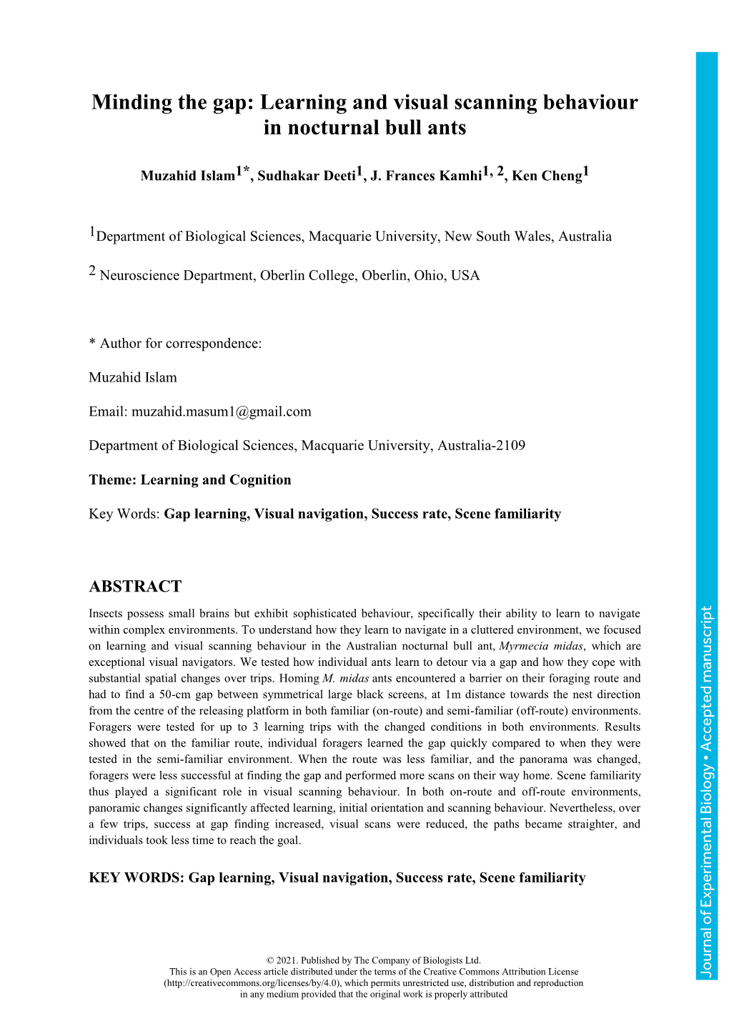 Learning and Visual Scanning Behaviour in Nocturnal Bull Ants