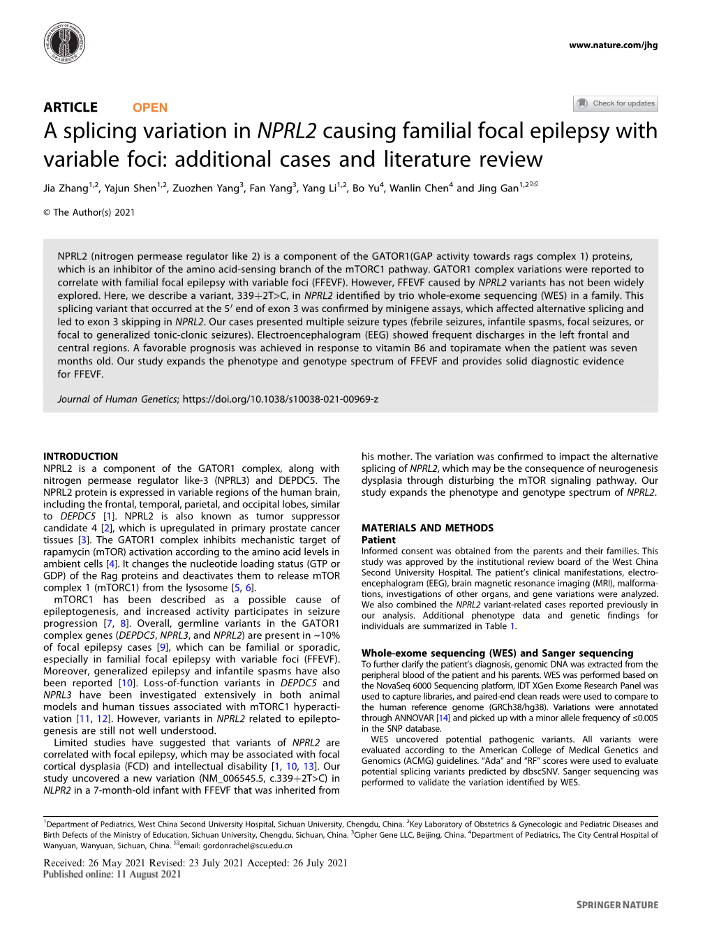 A Splicing Variation in NPRL2 Causing Familial Focal Epilepsy With