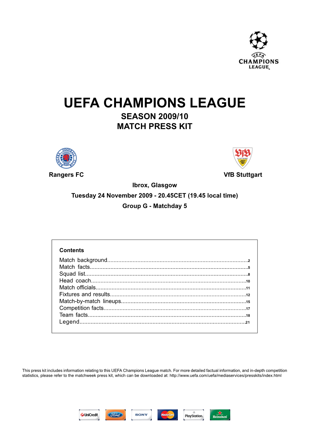 Uefa Champions League Season 2009/10 Match Press Kit