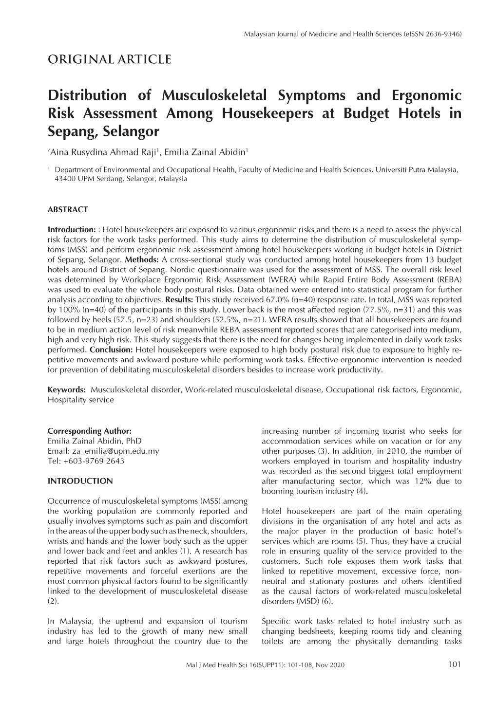 Distribution of Musculoskeletal Symptoms and Ergonomic Risk Assessment Among Housekeepers at Budget Hotels in Sepang, Selangor