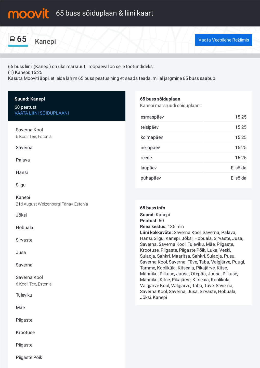65 Buss Sõiduplaan & Liini Marsruudi Kaart