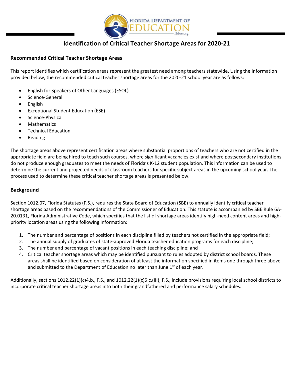 Identification of Critical Teacher Shortage Areas for 2020-21