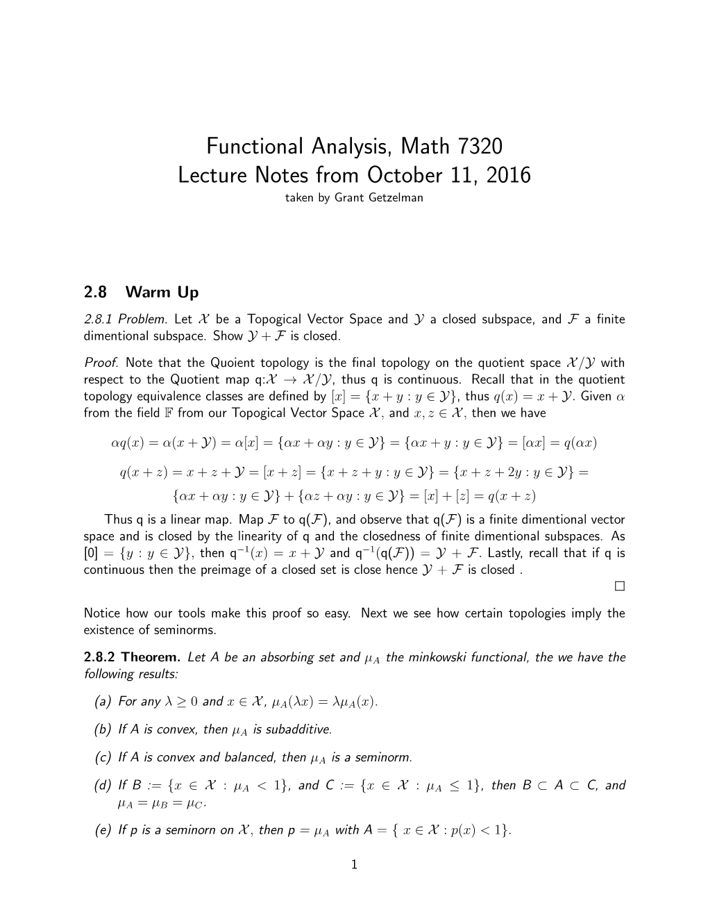 Functional Analysis, Math 7320 Lecture Notes from October 11, 2016 Taken by Grant Getzelman