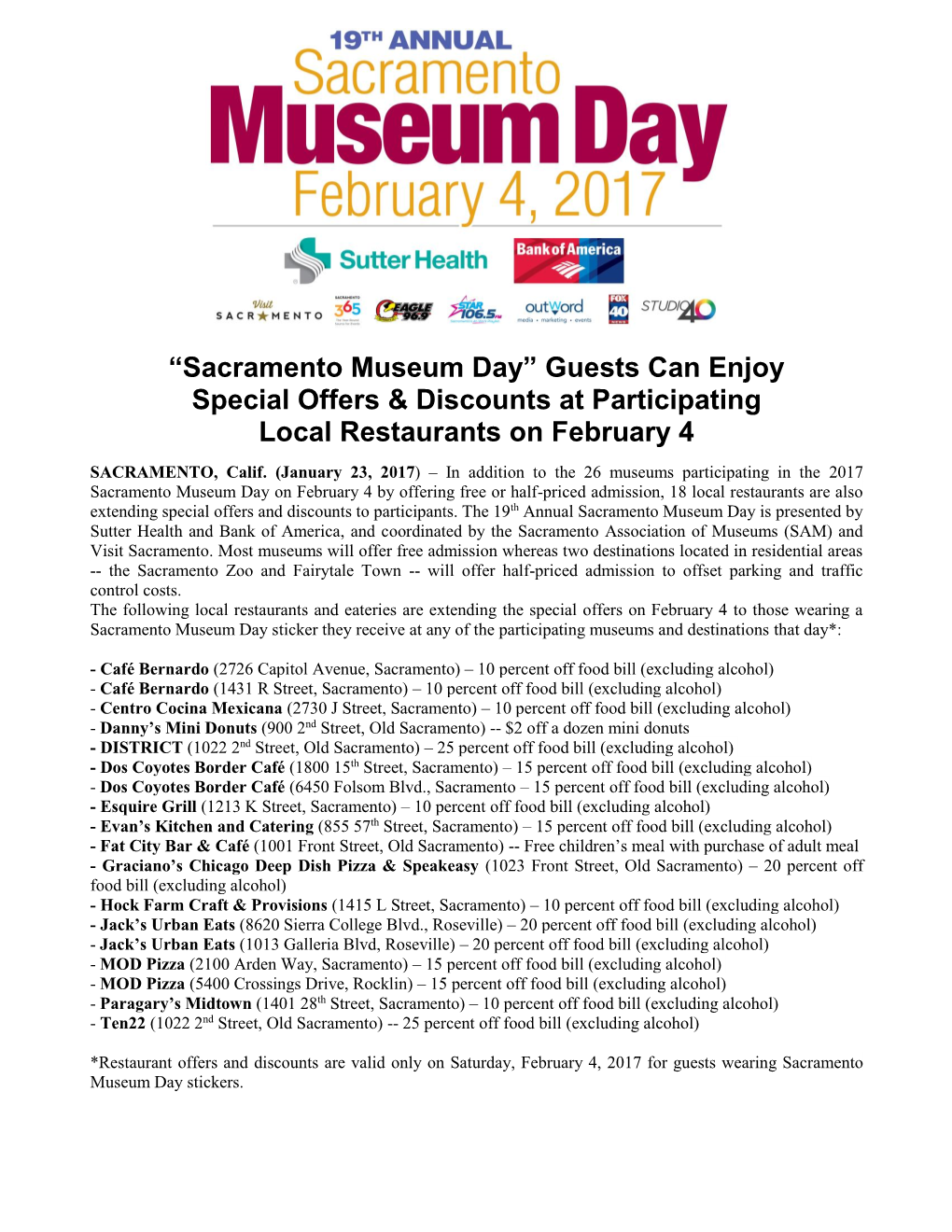 “Sacramento Museum Day” Guests Can Enjoy Special Offers & Discounts at Participating Local Restaurants on February 4