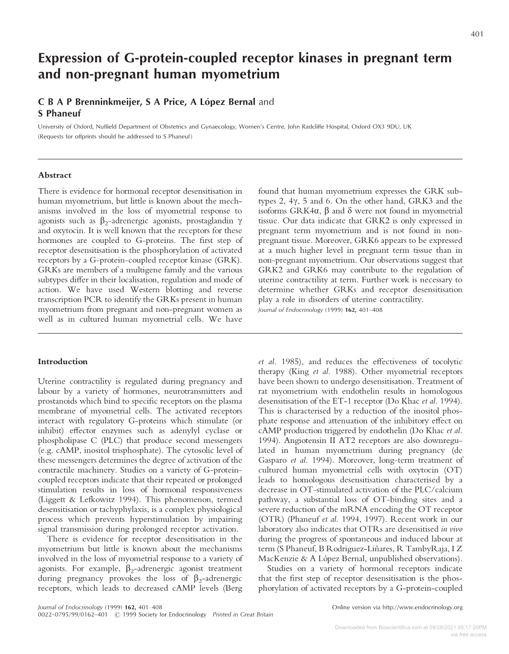 Expression of G-Protein-Coupled Receptor Kinases in Pregnant Term and Non-Pregnant Human Myometrium