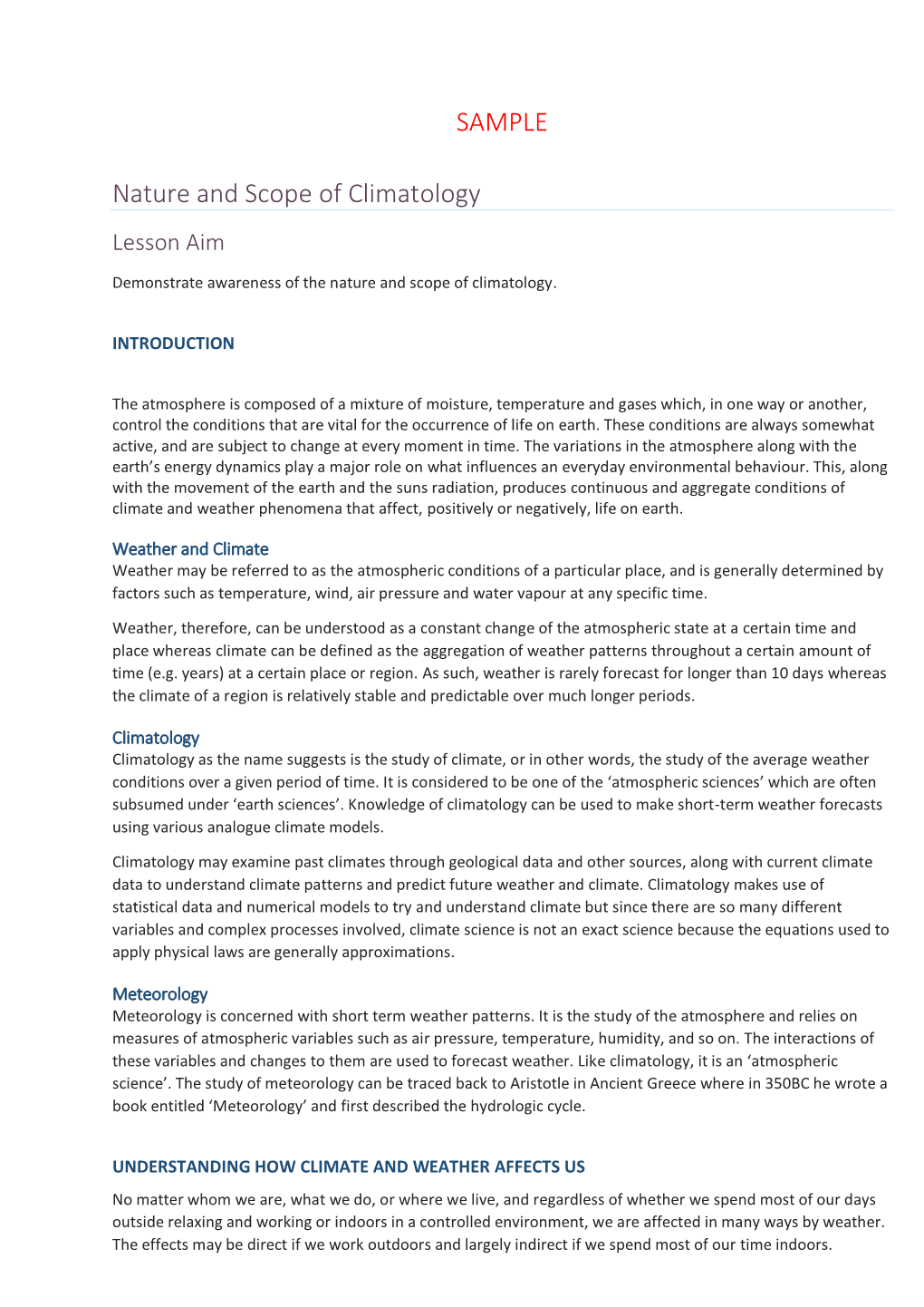 SAMPLE Nature and Scope of Climatology