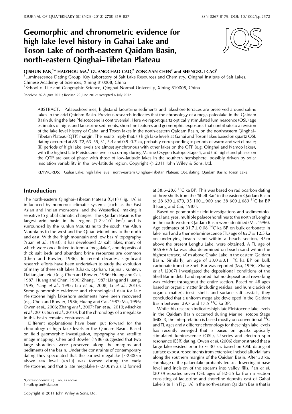 Geomorphic and Chronometric Evidence for High Lake Level History in Gahai Lake and Toson Lake of Northeastern Qaidam Basin, Nort