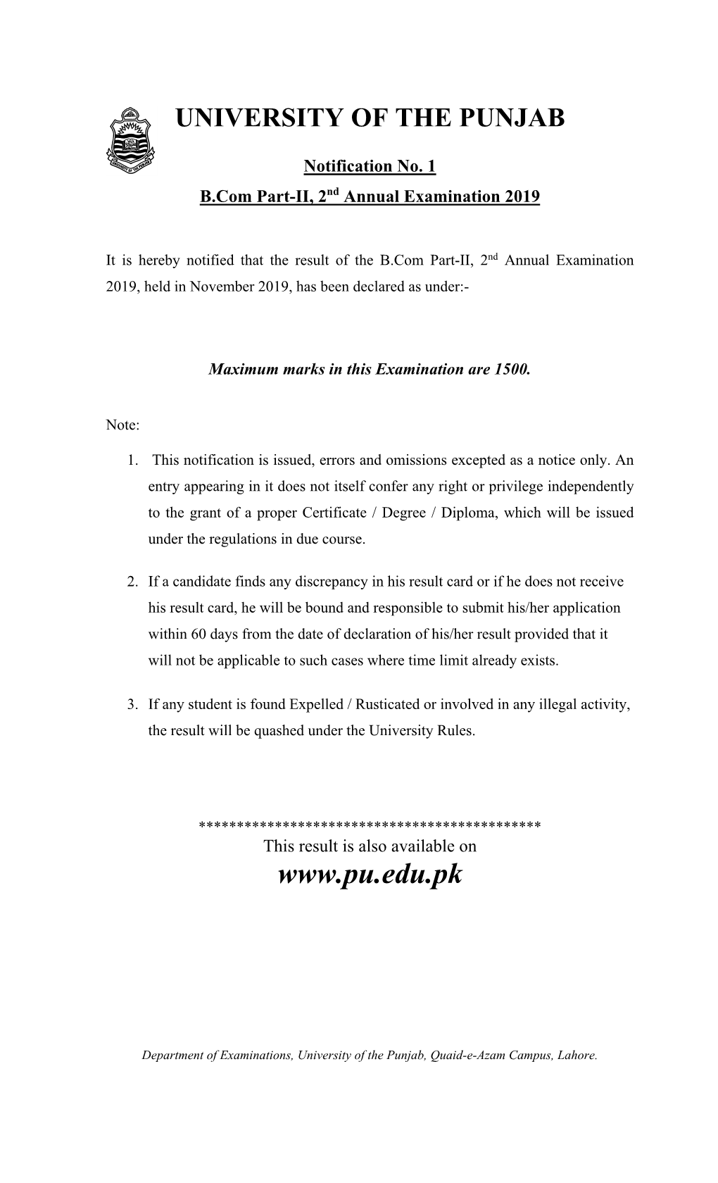 B.Com Part-II, 2Nd Annual Examination 2019, Held in November 2019, Has Been Declared As Under