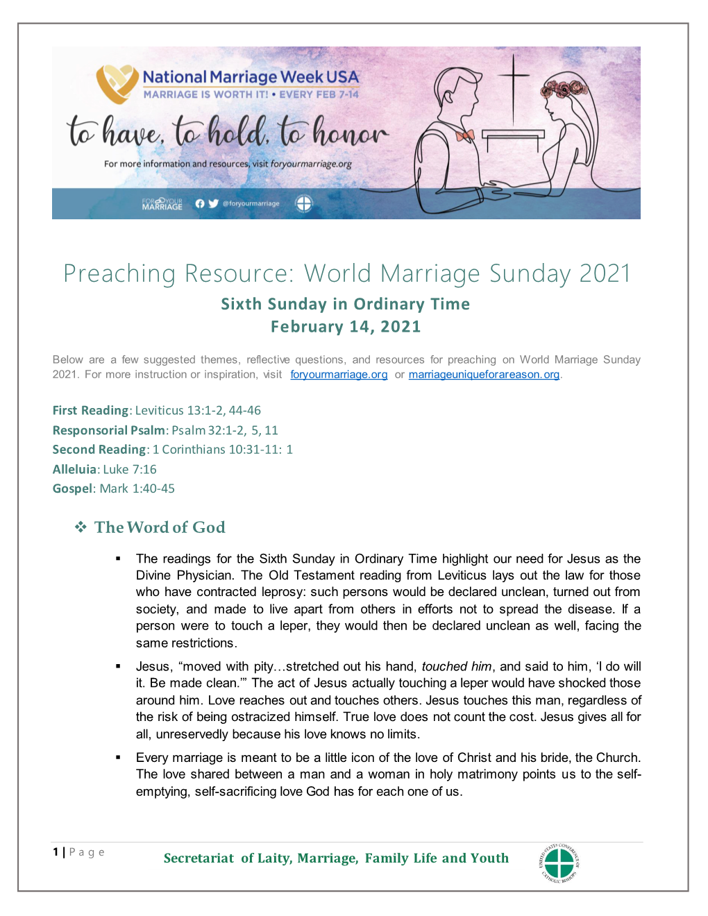 Preaching Resource: World Marriage Sunday 2021 Sixth Sunday in Ordinary Time February 14, 2021