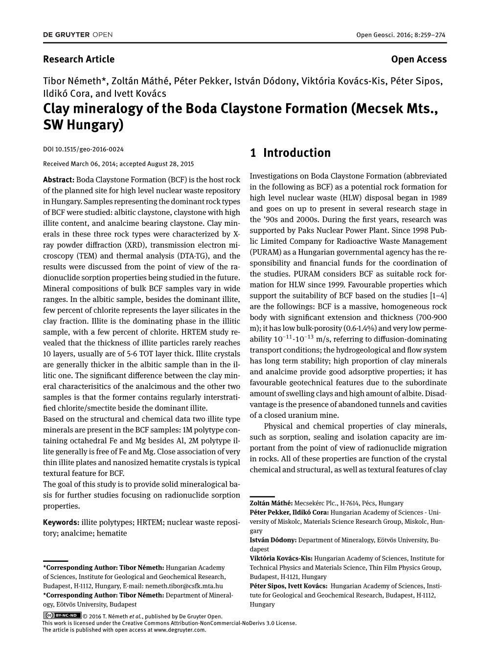 Clay Mineralogy of the Boda Claystone Formation (Mecsek Mts., SW Hungary)