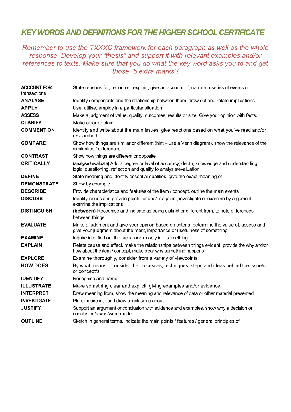 Key Words and Definitions for the Higher School Certificate