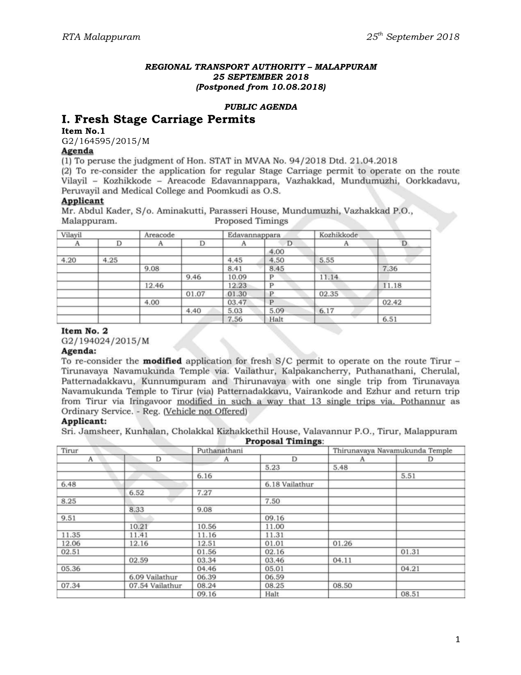 I. Fresh Stage Carriage Permits Item No.1 G2/164595/2015/M