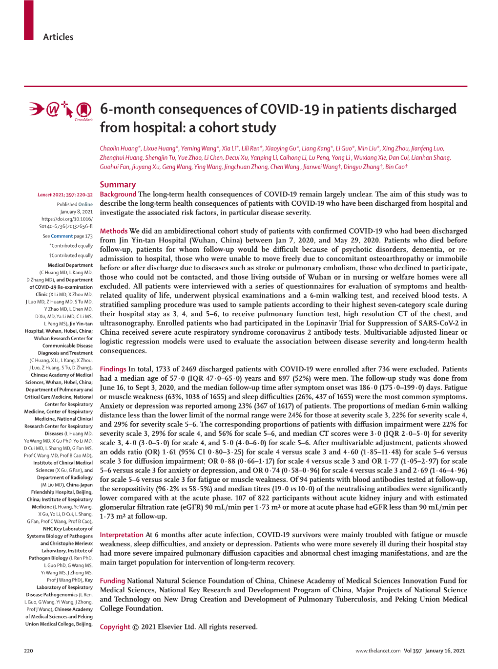 6-Month Consequences of COVID-19 in Patients Discharged from Hospital: a Cohort Study
