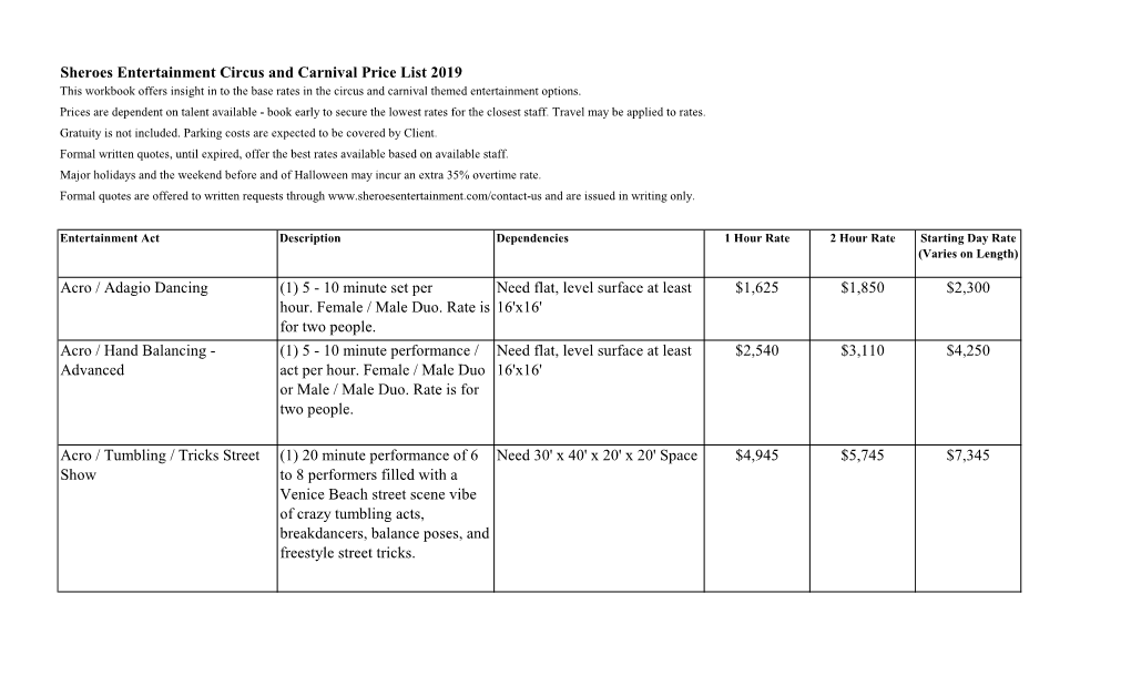 2019 Sheroes Entertainment Circus Price List