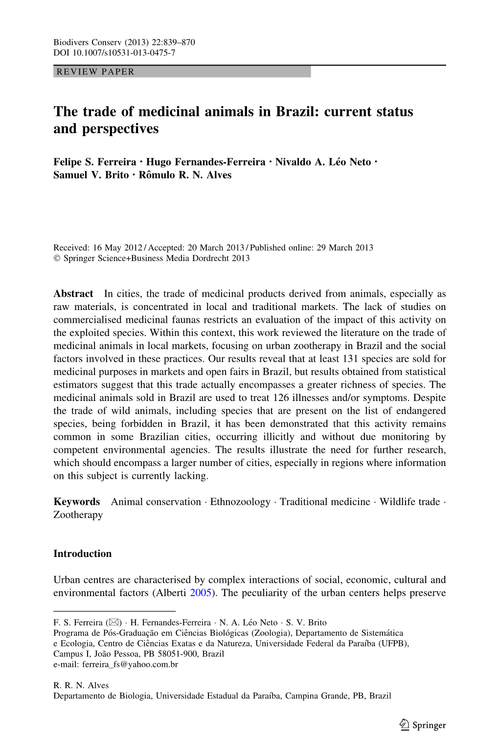 The Trade of Medicinal Animals in Brazil: Current Status and Perspectives