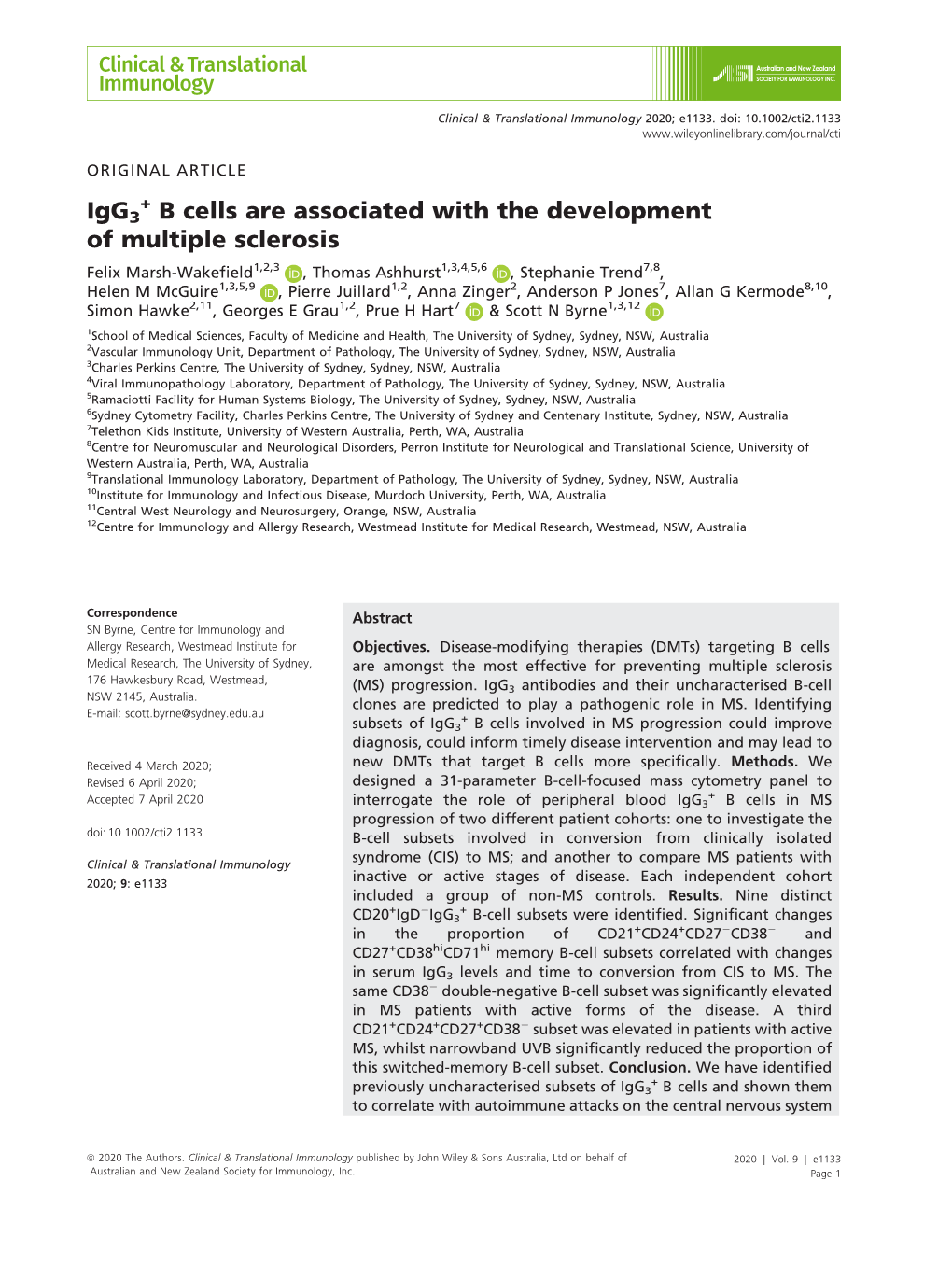 Igg3+ B Cells Are Associated with the Development of Multiple Sclerosis