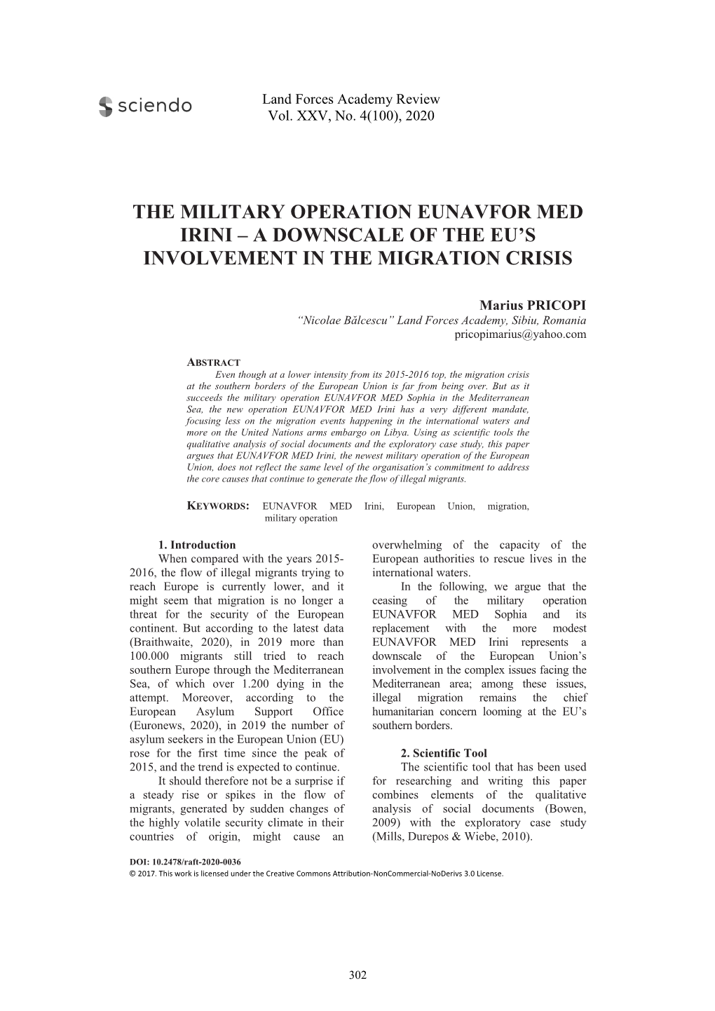 The Military Operation Eunavfor Med Irini – a Downscale of the Eu’S Involvement in the Migration Crisis