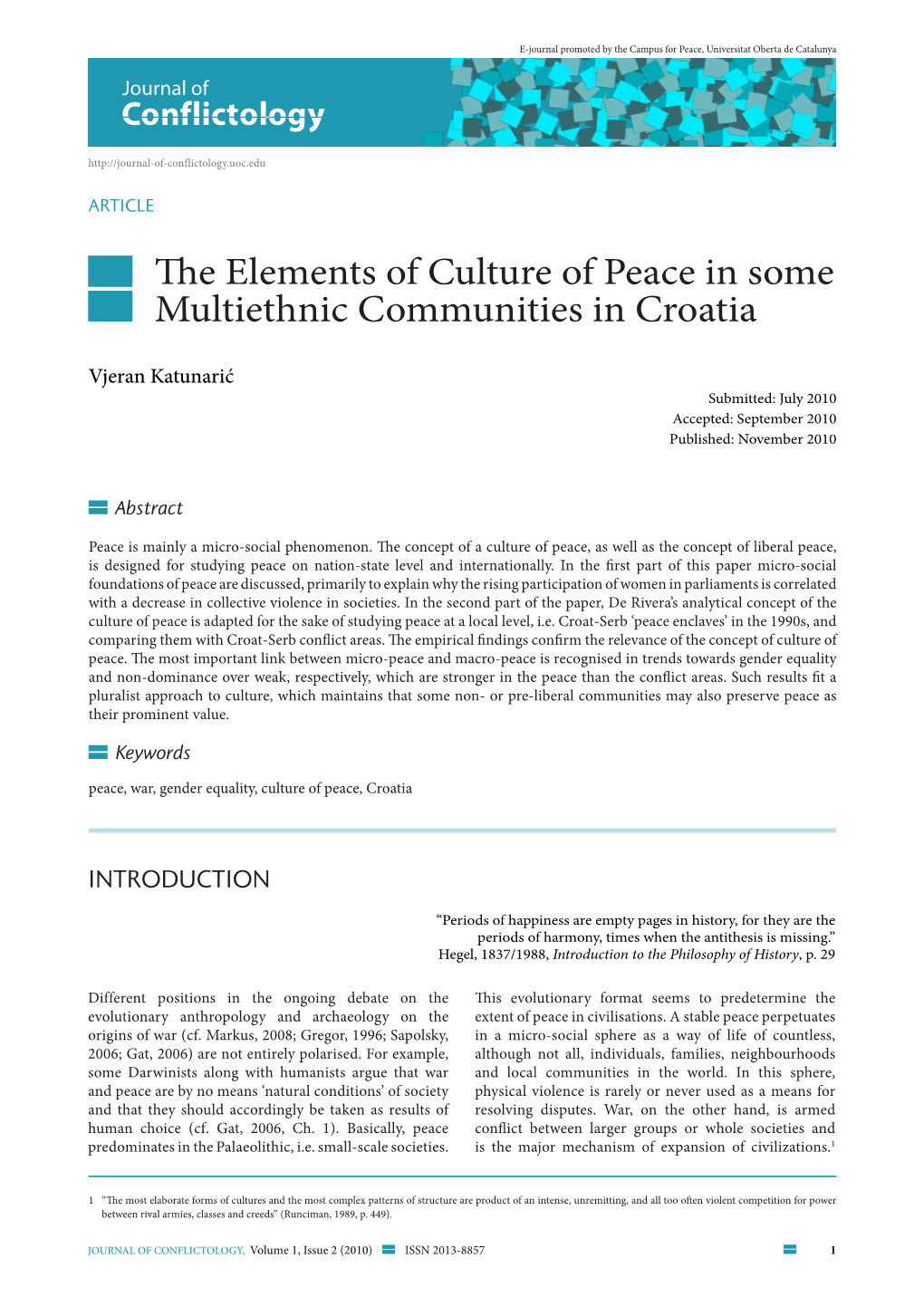 The Elements of Culture of Peace in Some Multiethnic Communities in Croatia