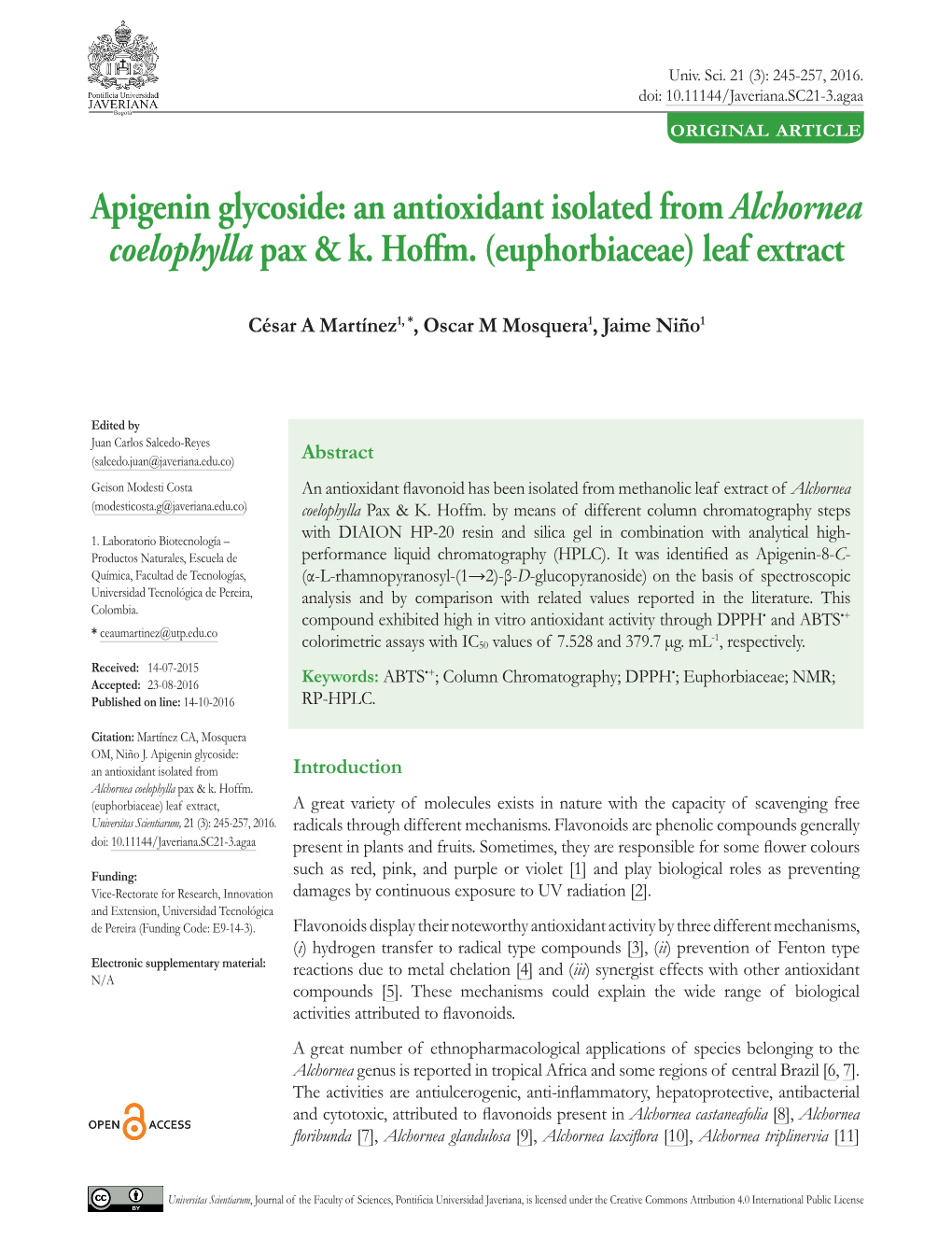 Apigenin Glycoside: an Antioxidant Isolated from Alchornea Coelophylla Pax & K