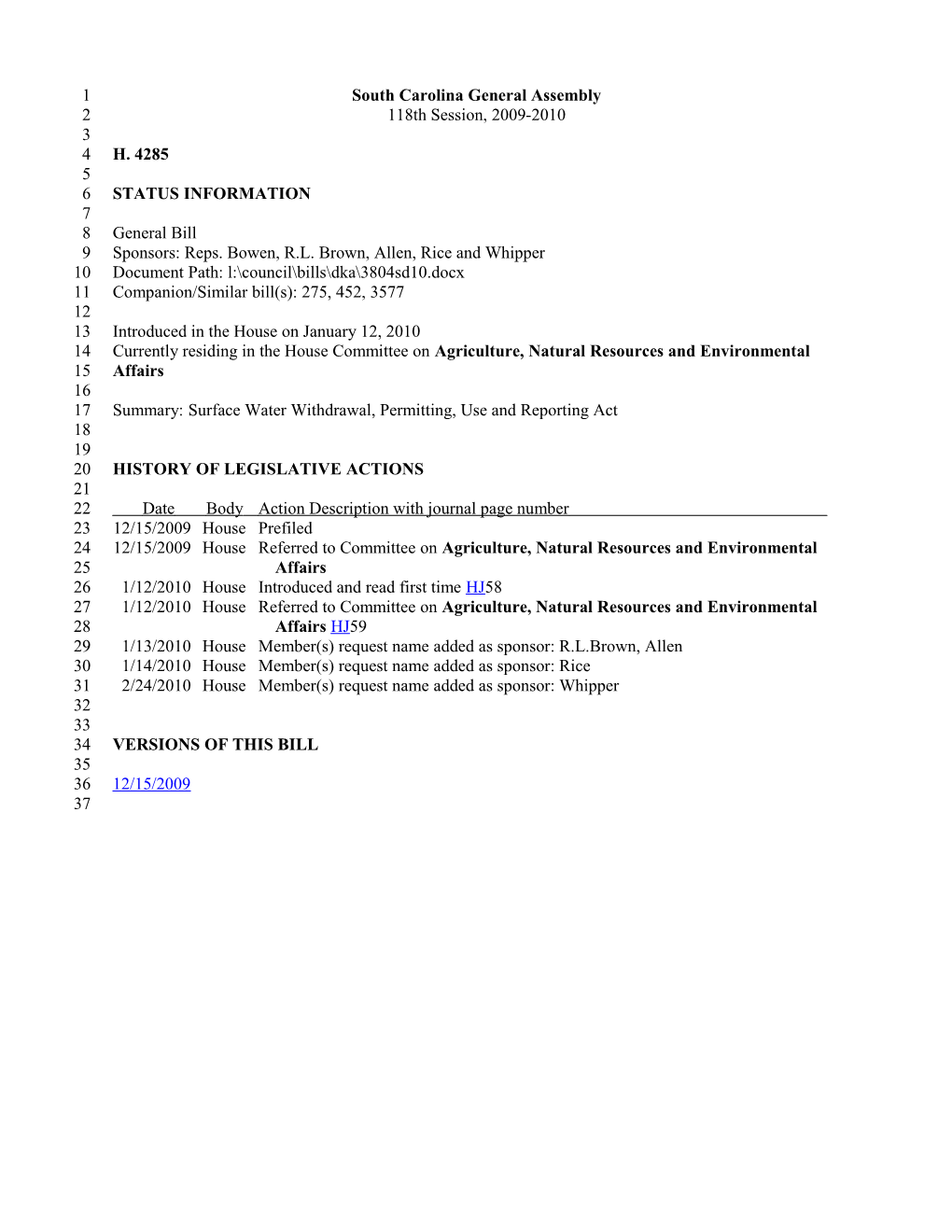 2009-2010 Bill 4285: Surface Water Withdrawal, Permitting, Use and Reporting Act - South