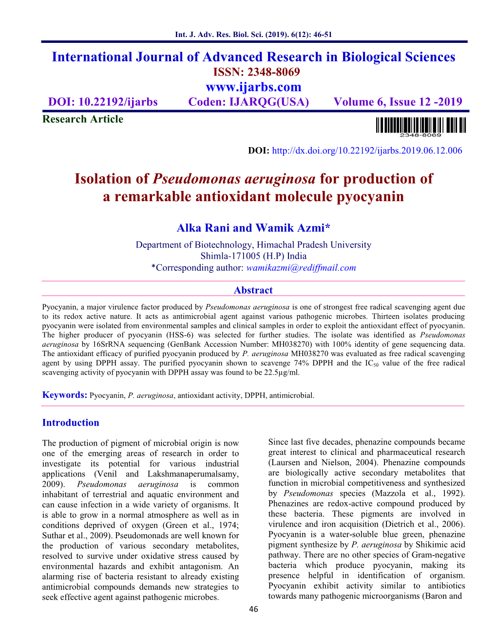 Isolation of Pseudomonas Aeruginosa for Production of a Remarkable Antioxidant Molecule Pyocyanin