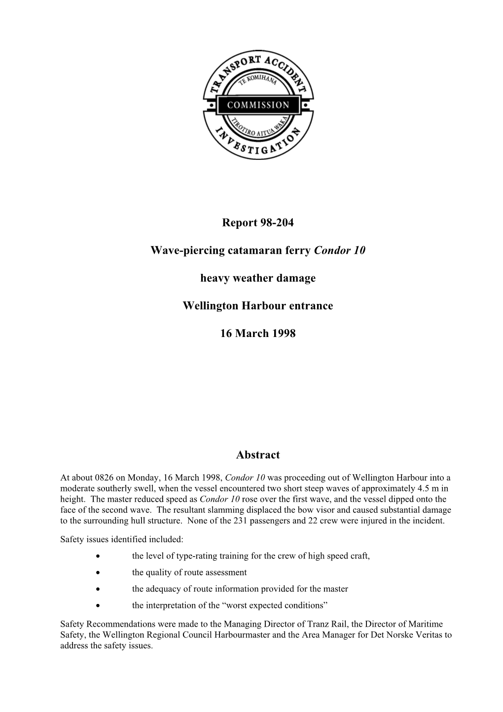 Report 98-204 Wave-Piercing Catamaran Ferry Condor 10 Heavy