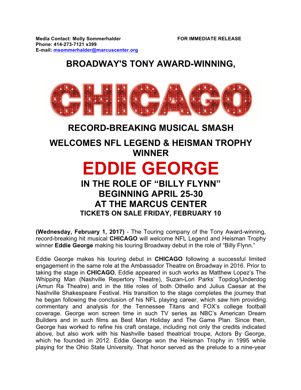 Eddie George in the Role of “Billy Flynn” Beginning April 25-30 at the Marcus Center Tickets on Sale Friday, February 10